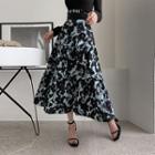 Rib-panel Floral Tiered Long Skirt