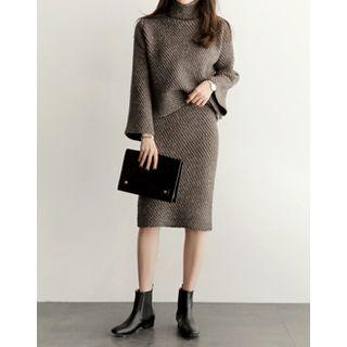 Set: Turtle-neck Ribbed Knit Top + Band-waist Skirt