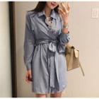 Long-sleeve Wrap Shirt Dress Blue - One Size