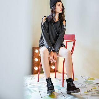 Set: Rhinestone Cutout-shoulder Hooded Satin Top + Shorts