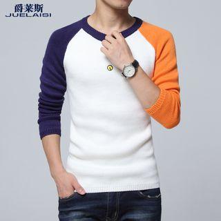 Contrast-sleeve Embroidered Knit Top