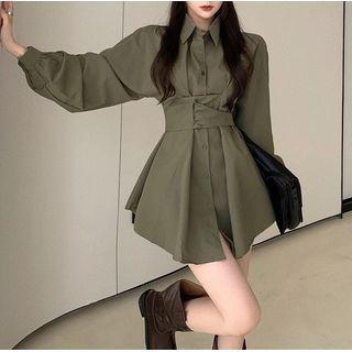 Plain Lace-up Long-sleeve Shirtdress Green - One Size