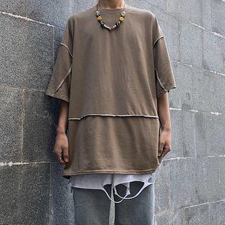 Contrast Stitch Elbow-sleeve T-shirt