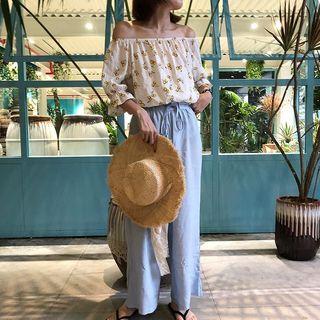 Printed Off-shoulder Short-sleeve Top / Wide Leg Pants