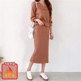 Set: V-neck Letter Embroidered Sweatshirt + Midi Skirt