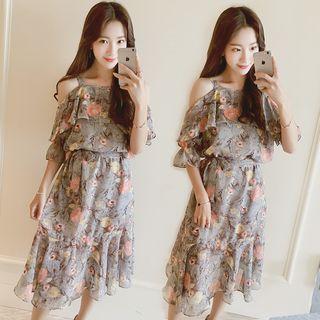 Floral Off Shoulder Elbow-sleeve A-line Dress