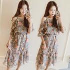 Floral Off Shoulder Elbow-sleeve A-line Dress