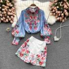 Set Of 2 : Print Puff-sleeve Shirt + Print Color Block Wide-leg Shorts