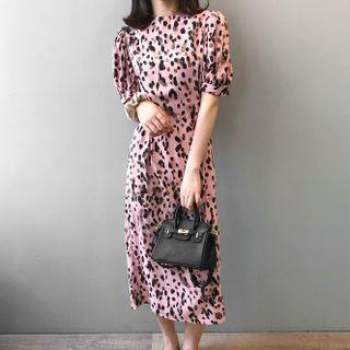 Elbow-sleeve Leopard Print Midi Dress