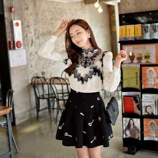Wool Blend Embroidered A-line Skirt