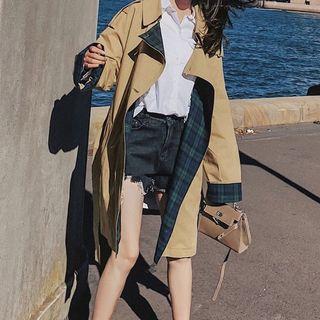 Plaid-cuff Double-breasted Trench Coat