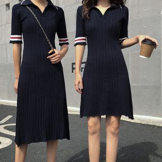 Short-sleeve Striped Cuff A-line Polo Dress