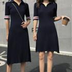 Short-sleeve Striped Cuff A-line Polo Dress