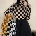 High-neck Plaid Long-sleeve Knit Top