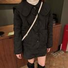 Long-sleeve Tie Neck Collared Plain Padded Coat / High-waist Plain Skirt
