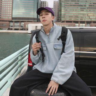 Mock Neck Half-zip Denim Pullover
