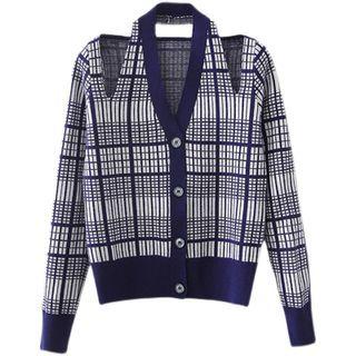 Cut-out Plaid Cardigan