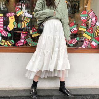 Elastic-waist Plain Layered Mesh Panel A-line Skirt