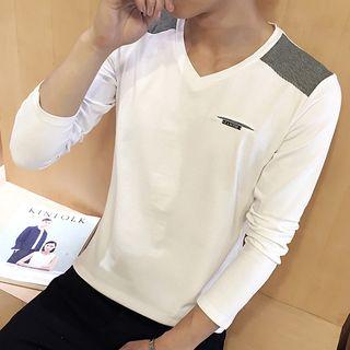 Contrast Panel V-neck Long-sleeve T-shirt