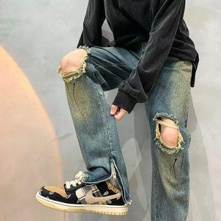 Zip Distressed Straight Leg Jeans