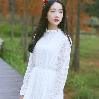 Long-sleeve Lace Panel A-line Midi Dress