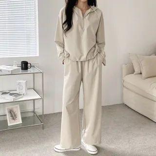 Set: Hooded Drawstring-hem Top + Band-waist Pants