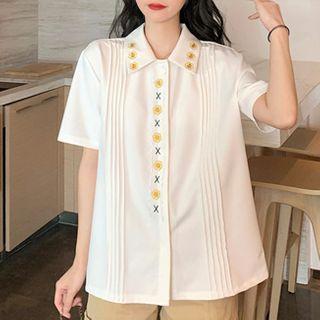 Floral Embroidered Button-up Short Sleeve Shirt