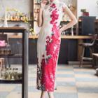 Printed Short-sleeve Side-slit Silk Cheongsam