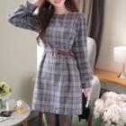Belted Balloon-sleeve Pleated Plaid Dress