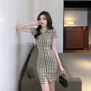 Short-sleeve Argyle Print Collared Bodycon Dress