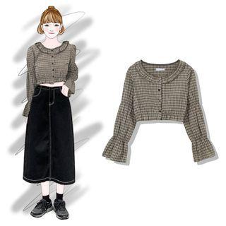 Bell-sleeve Plaid Cropped Blouse