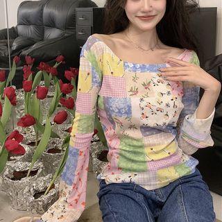 Long-sleeve Panel Pattern Slim Fit T-shirt Yellow & Pink & Blue - One Size