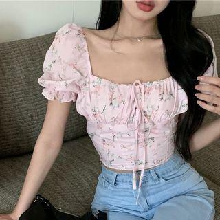 Square-neck Floral Top Pink - One Size