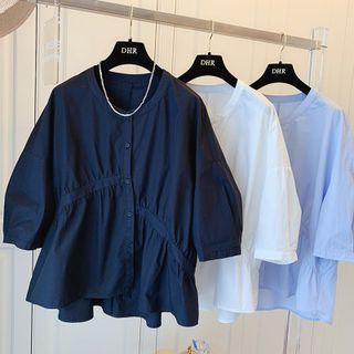 Puff-sleeve Asymmetric Ruched Loose Fit Top