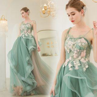 Sleeveless Embroidered Ruffled Evening Gown