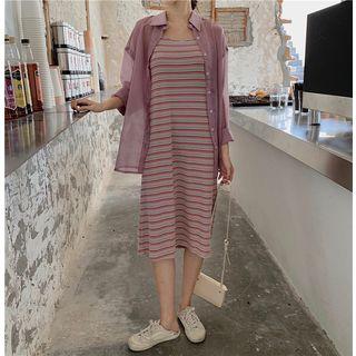 Light Jacket / Spaghetti Strap Midi Striped Dress