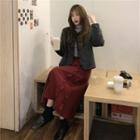 Turtleneck Knit Top / Corduroy Midi A-line Skirt / Button-up Jacket