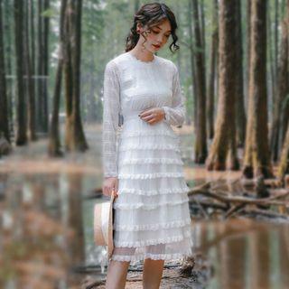 Long-sleeve Tiered Midi A-line Dress