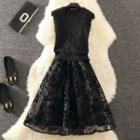 Set: Scallop-hem Knit Vest + Spaghetti Strap Mesh A-line Dress