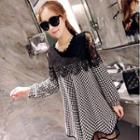 Lace Panel Houndstooth Long-sleeve Dress