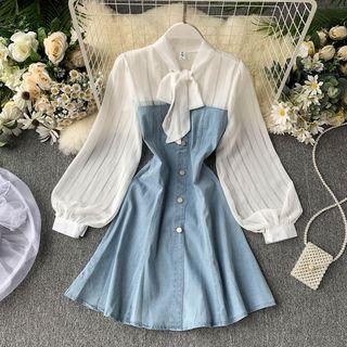 Puff-sleeve Denim Paneled Buttoned A-line Mini Dress