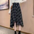 Plaid Mesh Trim Midi A-line Skirt