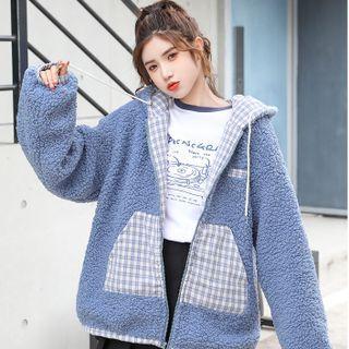Plaid Panel Hooded Faux Shearling Jacket
