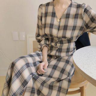 V-neck Single-breasted Plaid Long Dress