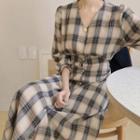 V-neck Single-breasted Plaid Long Dress