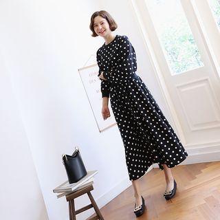 Band-waist Polka-dot Maxi Flare Dress