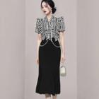 Set: Short-sleeve Tie-neck Diamond Pattern Blouse + Midi Mermaid Skirt