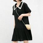 Elbow-sleeve Pleated Paneled Buttoned Dress