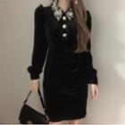 Puff-sleeve Floral Velvet A-line Dress