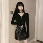V-neck Zip Top / Faux Leather A-line Skirt